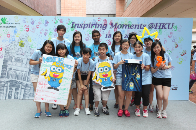 This group gets the highest number of votes and wins the most creative booth at the fun fair of the Leadership and Innovation Summer Camp. The fourth male student on the first row is one of the sponsored visually impaired students who is now studying F.5 at St. Paul’s College.